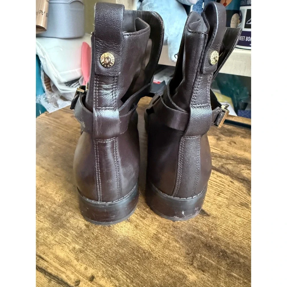 Michael Kors Arley Brown Leather Ankle Boots Size 10M Gold Hardware Moto